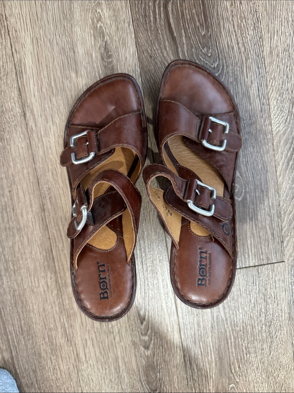 Born Brown Dual-Buckle Leather Slide Sandals